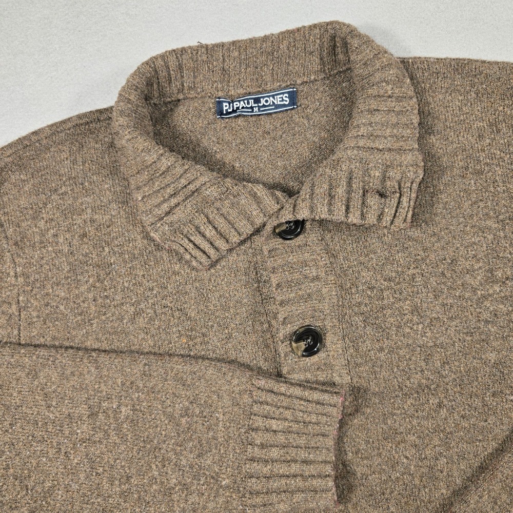 PJ Paul Jones Sweater Mens Medium Brown Quarter Button Polo Wool Blend Classic